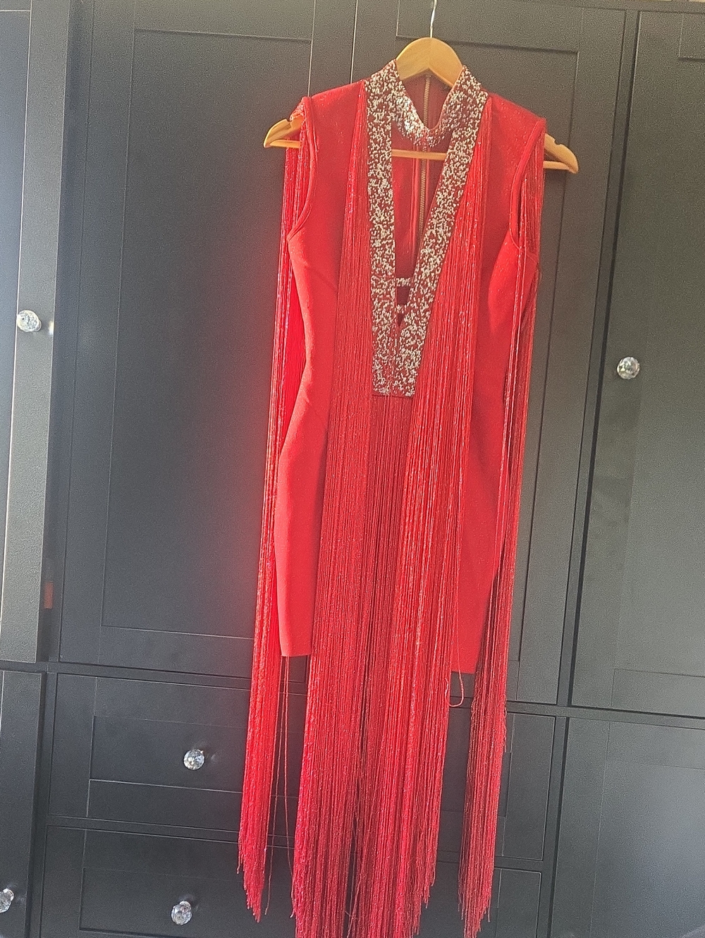 Red Fringe Mini Dress with Embellished V-Neck Perfect For Costuming